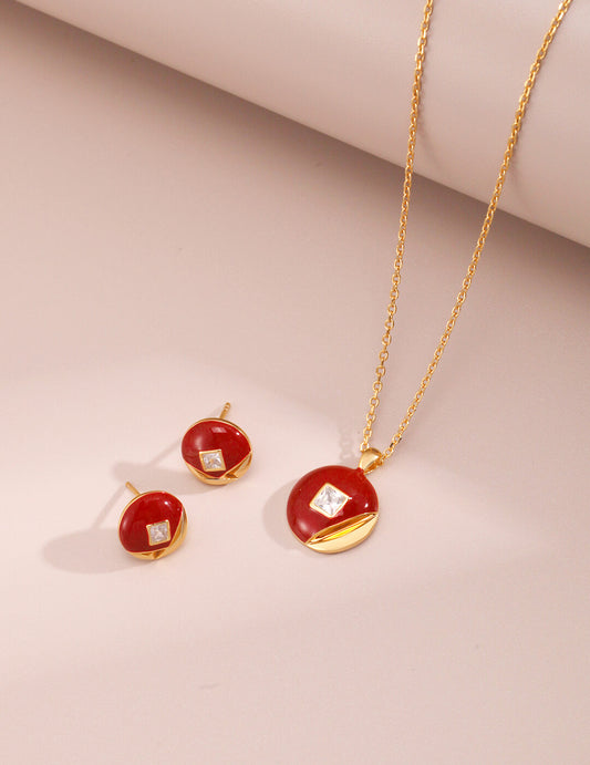 Silver Red Drip Glaze Necklace and Earrings | Tsuki