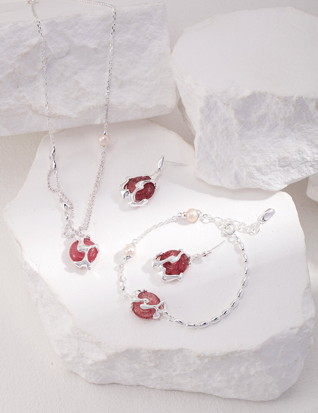 New Chinese Style Silver Strawberry Crystal Bracelet, Necklace and Earrings | Tsuki